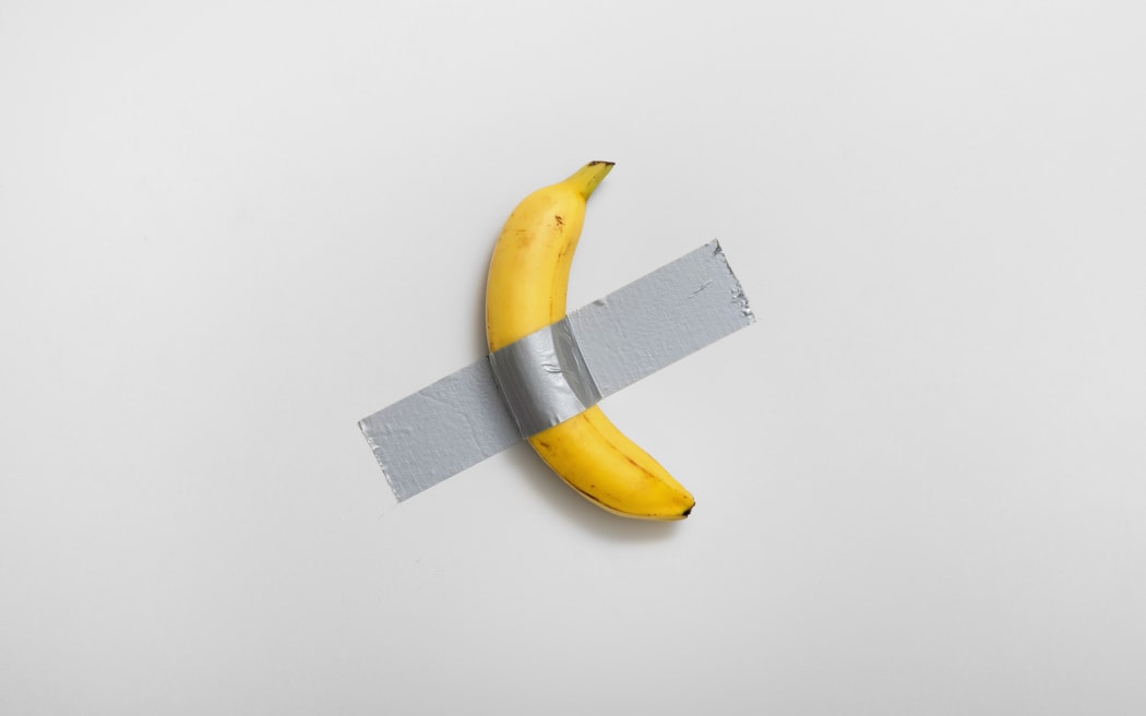 One of the editions of Italian visual artist Maurizio Cattelan's duct-taped banana, titled "Comedian".