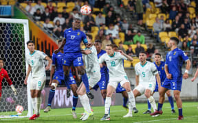 Fiji's Filipe Baravilala clears under pressure. FIFA World Cup 2026 - OFC Qualifiers, semi final 2 New Zealand v Fiji, Sky Stadium Wellington, Friday 21 March 2025. Photo: Shane Wenzlick / www.phototek.nz