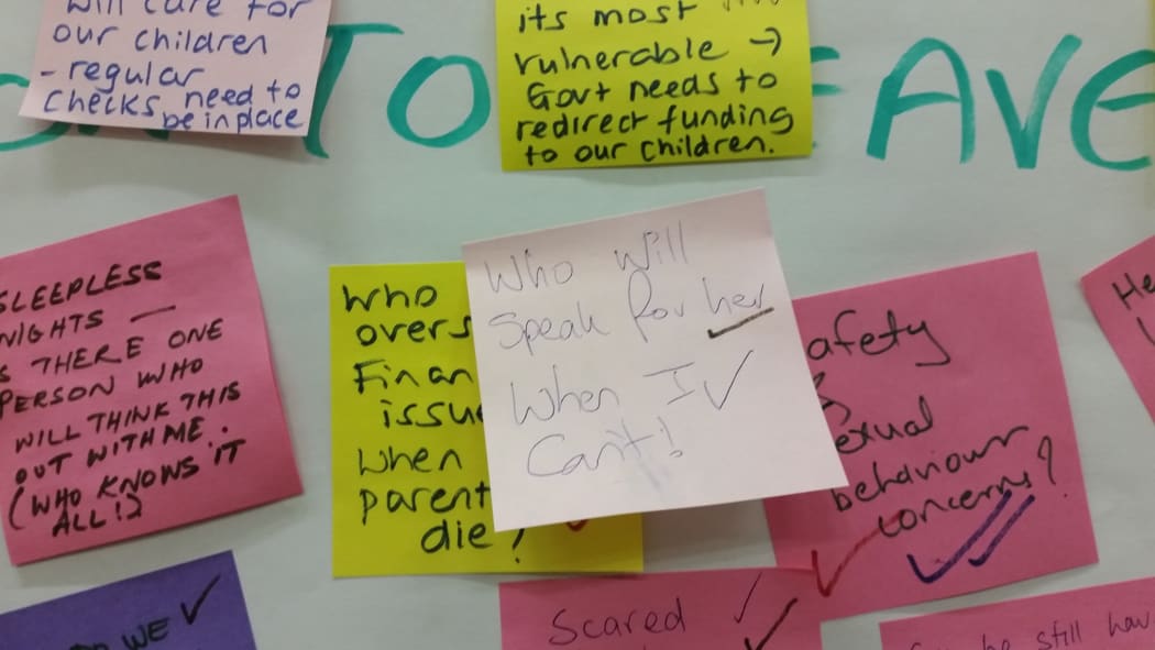 Post it notes from Disability Connect meeting. One reads  "who will care for her when I can't"