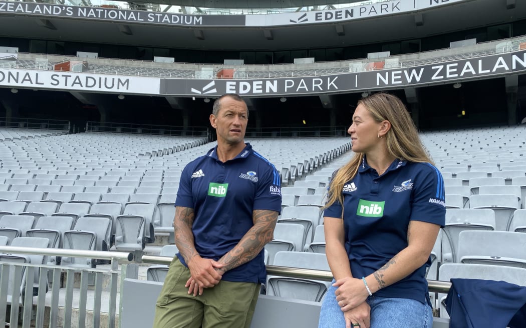 Blues Women head coach Carlos Spencer and new signing Niall Williams-Guthrie at Eden Park.