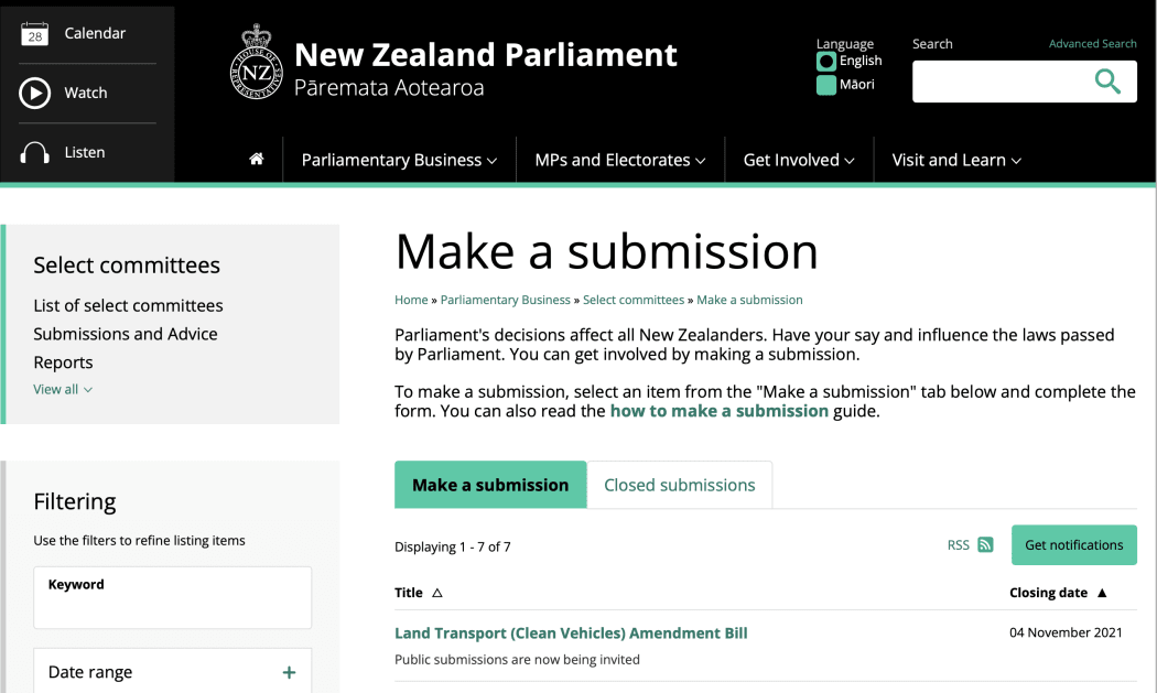 The submission frontpage on Parliament's website