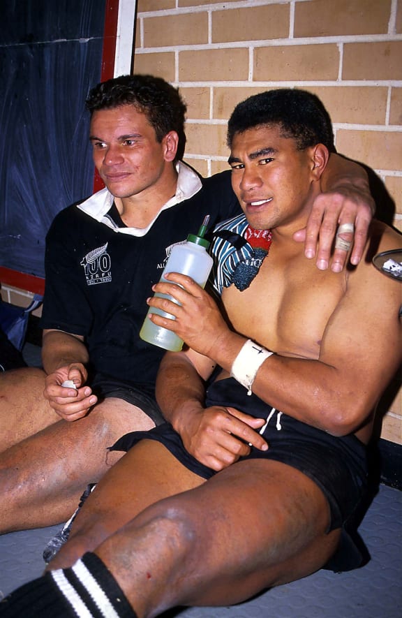 Michael Jones (L) and Inga Tuigamala. New Zealand All Blacks v Australia. 1992