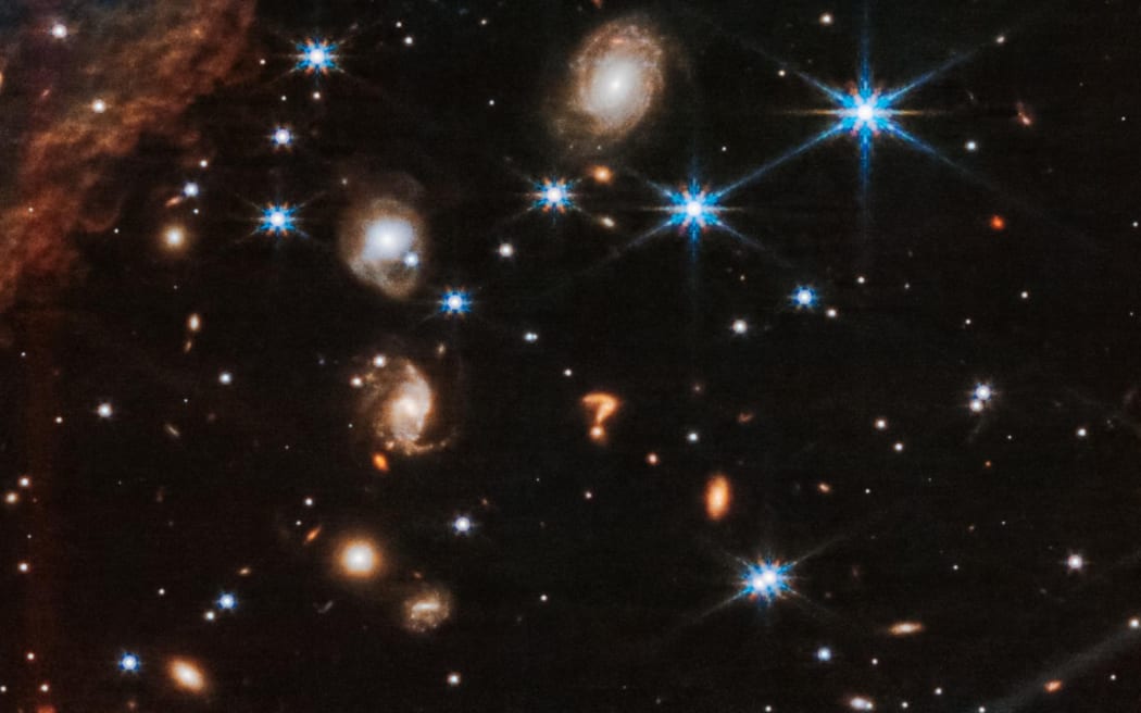 A zoomed in version of the tightly bound pair of actively forming stars, known as Herbig-Haro 46/47, captured by NASA's James Webb telescope.