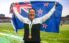New Zealand captain Sophie Devine celebrates with her Bronze medal after the medal ceremony, Birmingham Commonwealth Games.