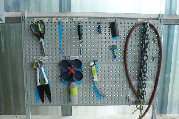 A shadow board in the farm dairy ensures tools are in place.