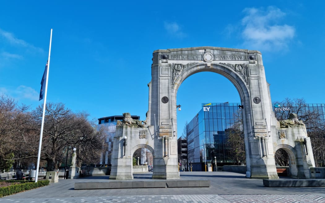 Flag flying half mast at the Christchurch Bridge of Remembrance.