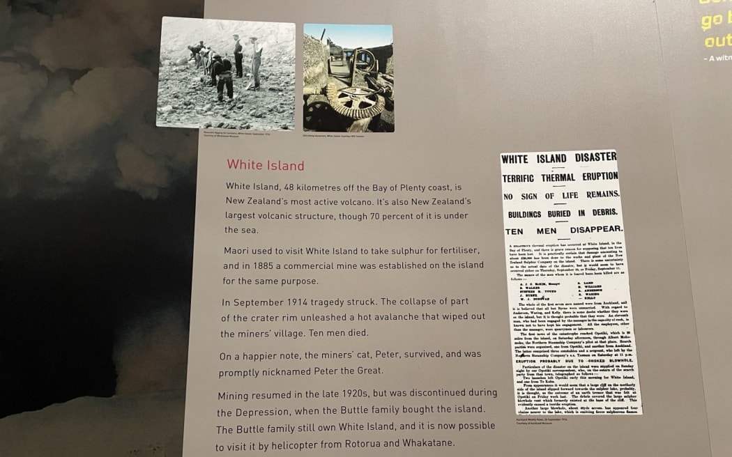An out-of-date volcano exhibit at Auckland War Memorial Museum tells visitors it is possible to visit Whakaari by helicopter.