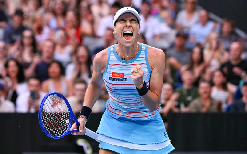 Australia's Ajla Tomljanovic celebrates after victory against Ukraine's Yuliia Starodubtseva during their women's singles match on day two of the Australian Open tennis tournament in Melbourne on January 19, 2026. (Photo by WILLIAM WEST / AFP) / -- IMAGE RESTRICTED TO EDITORIAL USE - STRICTLY NO COMMERCIAL USE --