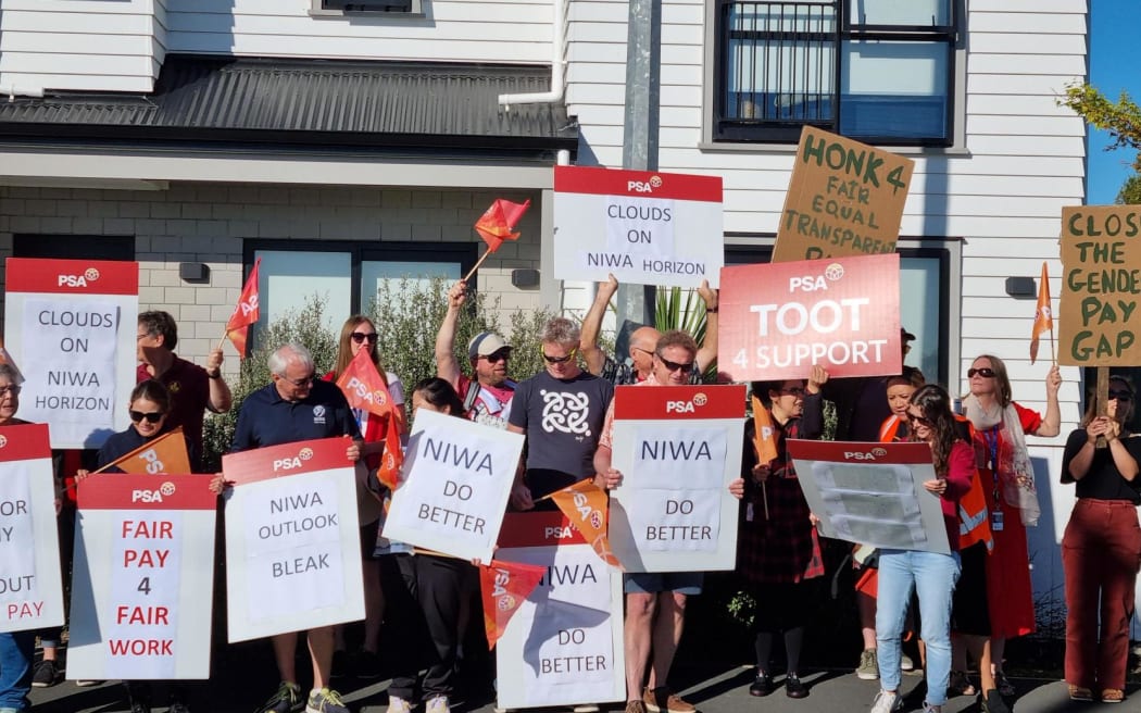 NIWA union staff picket in Hamilton on 29 February, 2024.