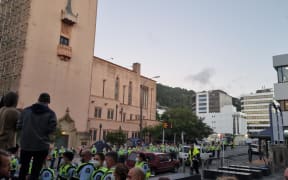 Hundreds of police have stationed themselves around the protest in Wellington this morning.