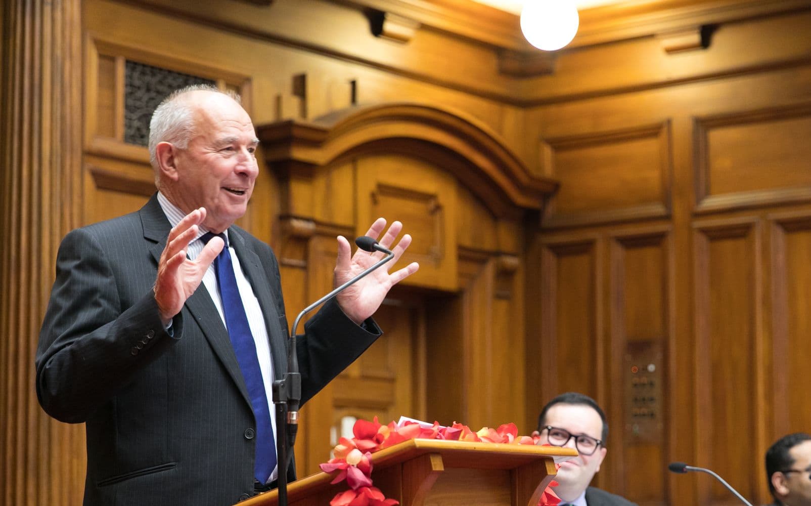 Sir Don McKinnon delivers his lecture  'Dark Clouds Over Democracy' as part of the Commonwealth Parliamentary Association Lecture series, in Wellington, 2 May 2017.