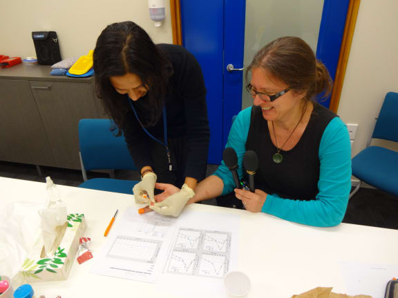 Plant and Food Research scientist Suman Mishra uses a finger prick test to monitor my blood sugar levels.