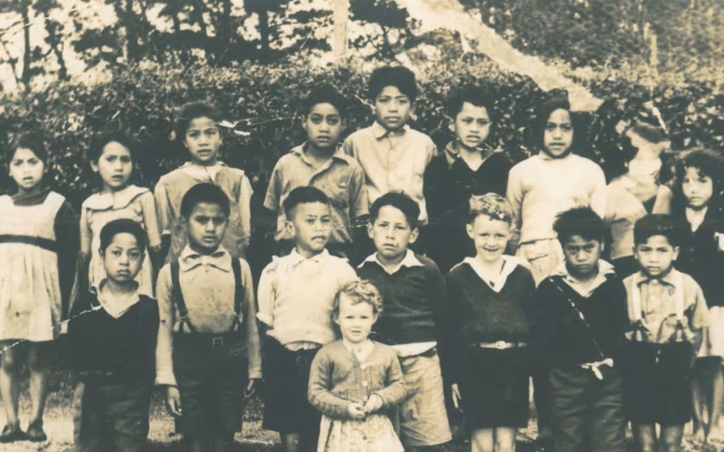A young Dover Samuels (front centre in the dark jersey) at Whakarara Native School in 1949. Photo: Supplied