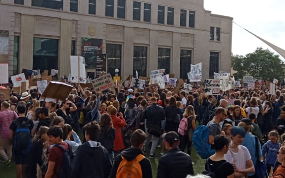 Students protesting in Wellington's Civic Square this morning.
