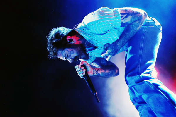 Post Malone performs at Coachella Stage during the 2025 Coachella Valley Music and Arts Festival on April 20, 2025 in Indio, California.