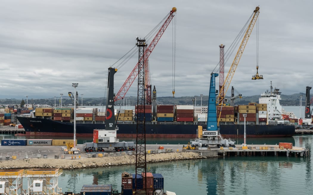 Container ship in commercial port of Napier, New Zealand.