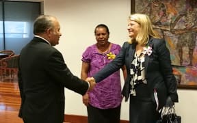 Papua New Guinea's  Prime Minister Peter O'Neill meets French Senator Joelle Garriaud-Maylam, in her parliamentary responsibility representing French Citizens Living Overseas.