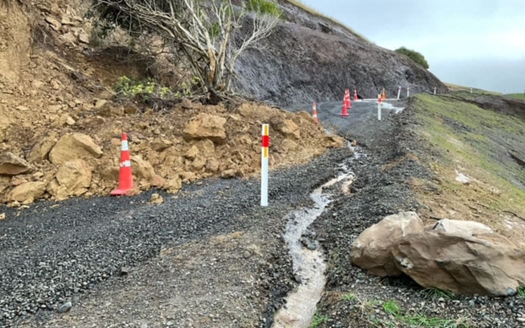 Slips or road damage on Goughs Bay Road on Bank Peninsula - road already damaged in December 21 storm