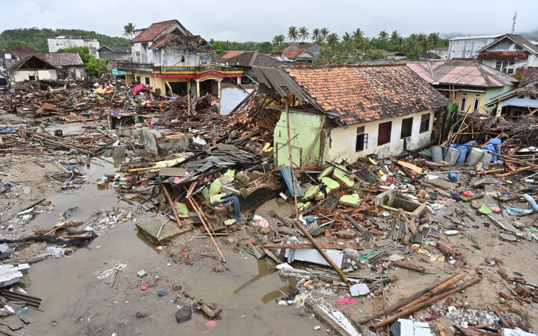 Damage caused by a tsunami is seen in the Sumber Jaya village in Sumur, Pandeglang, Banten province on December 25, 2018.
