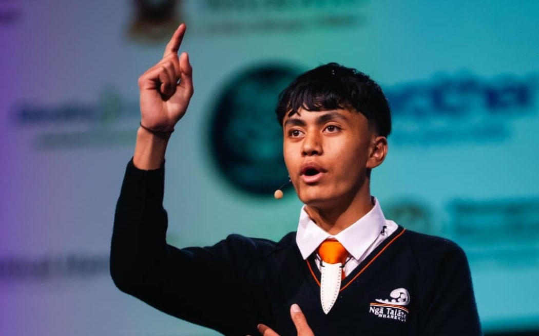 Te Kanawa Wilson of Ngā Taiātea Wharekura during his winning speech in the Pei Te Hurinui Jones / Senior Māori category at Ngā Manu Kōrero 2024.