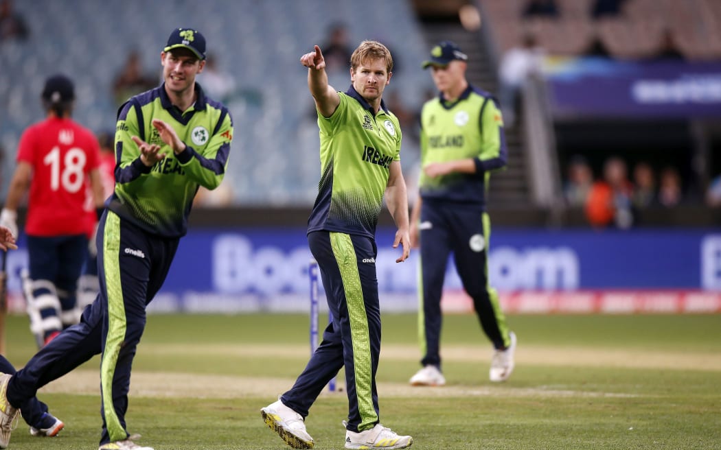 Ireland's Barry McCarthy celebrates an England wicket at the 2022 T20 World Cup.