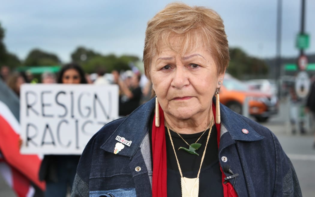 Dame Naida Glavish at the 2022 Dargaville protest against KDC canning karakia from the start of council meetings.