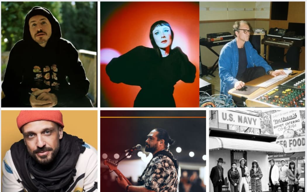 Images of the guests featured on the Mixtape compilation - Tom Scott, Ebony Lamb, Lord Echo at the mixing desk, Mohamed Hassan, Logan Bell from Katchafire playing guitar and Red Mole theatre group