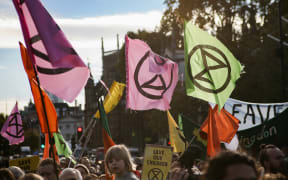 Extinction Rebellion flags during a protest.