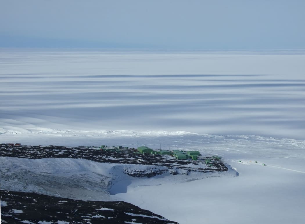 New Zealand's Scott Base and the Ross Ice Shelf.