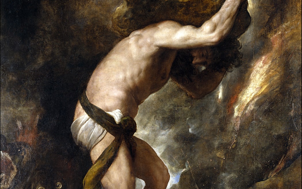 The Greek mythological figure of Sisyphus, who was bound to push his boulder uphill endlessly, as painted by the Italian master Titian.
