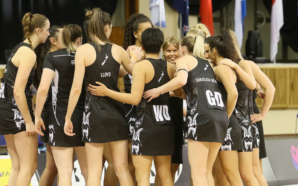 New Zealand's U21 Netball Team celebrating after their 60-57 win over Australia.