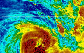 Visible infra-red satellite imagery of Cyclone Sarai as it churns down the west coast of Fiji.