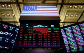 A screen shows the graph of the Dow industrial average after closing bell at the New York Stock Exchange (NYSE) on March 18, 2020 at Wall Street in New York City.