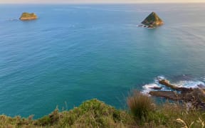Taranaki coast looking towards Moturoa Island and Tokomapuna Island from New Plymouth.