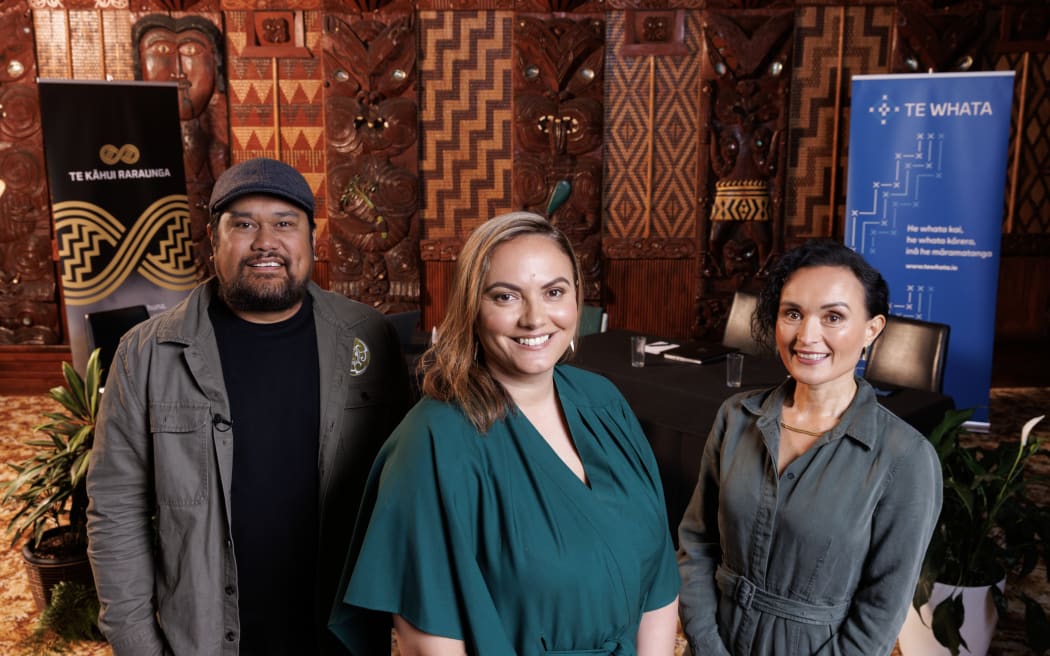 Panellists at the release of iwi affiliation data from left, Huirama Matatahi (Waahi Paa), Kirikowhai Mikaere (Te Arawa, Tūhourangi, Ngāti Whakaue) Lead Technician for the Data ILG and Te Kāhui Raraunga and Professor Tahu Kukutai (Ngāti Tīpā, Ngāti Mahanga, Ngāti Kinohaku, Ngāti Ngawaero and Te Aupōuri).