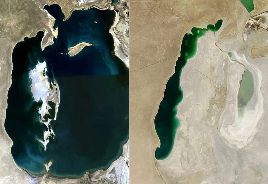 This combination of NASA satellite images shows the Aral Sea in 2008 and as of September 22, 2013.