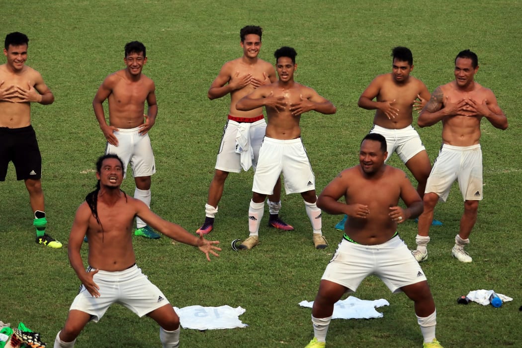 Kiwi FC players celebrate advancing to the OFC Champions League main draw.