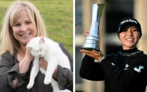 A composite image showing Dame Julie Chapman smiling while holding a white cat and Dame Lydia Ko smiling while holding an award.