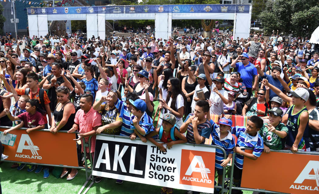 Fans at the NRL Auckland Nines fanzone in Aotea Square.