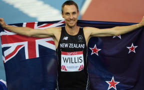 Nick Willis celebrates winning a bronze medal in the 1500m men's final. 
Glasgow Commonwealth Games 2014.