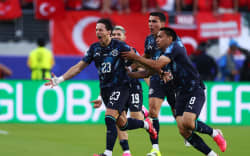 Matias Galarza (No 23) celebrates with teammates after he scored the fastest goal of the 2026 FIFA World Cup so far, after 64 seconds, for Paraguay against Turkey in a Group D match in San Francisco. (Photo by Dean Mouhtaropoulos / GETTY IMAGES NORTH AMERICA / Getty Images via AFP)
