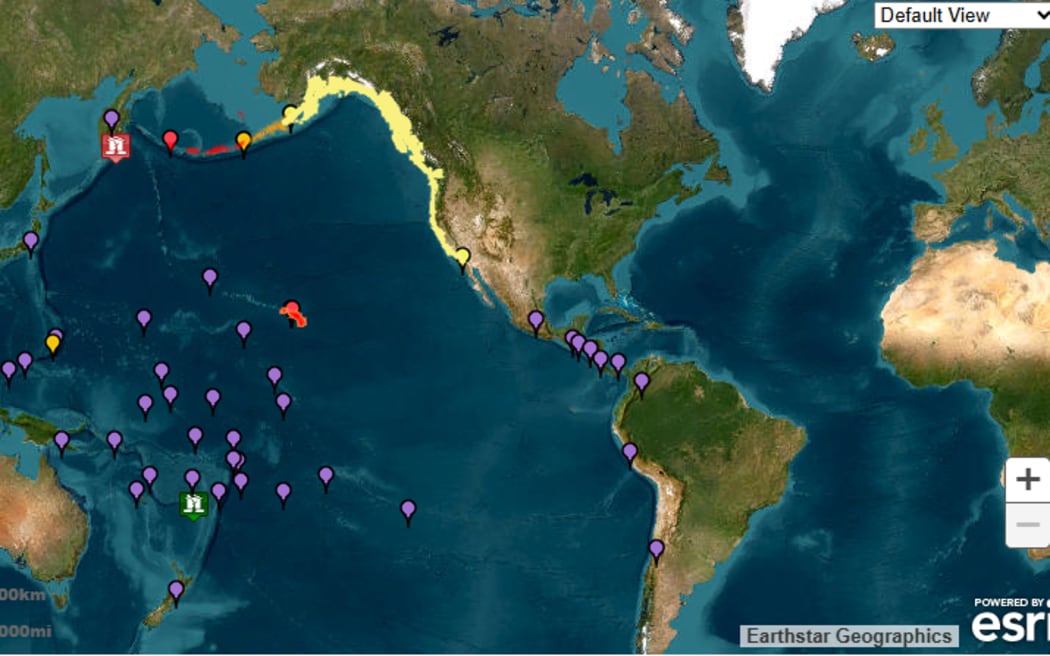Tsunami Advisory by the Tsunami Warning Center following the 8.7 quake off Russia - Red - warning, Orange - advisory, Yellow - watch, Purple - threat.