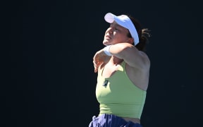 Lulu Sun of New Zealand reacts during her round 1 match against Danka Kovinic of Montenegro during the 2025 Australian Open at Melbourne Park in Melbourne, Tuesday, January 14, 2025. (AAP Image/Lukas Coch) NO ARCHIVING, EDITORIAL USE ONLY