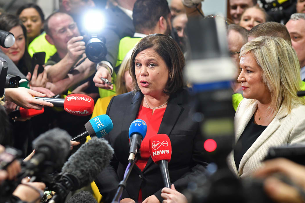 Sinn Féin party leader Mary Lou McDonald speaks to members of the media beside the party's Deputy First Minister of Northern Ireland, Michelle O'Neill.