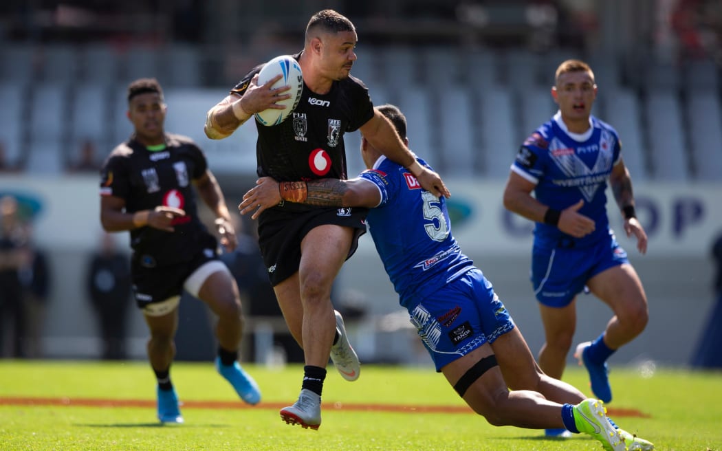 Fiji centre Brayden Williame, takes on the Toa Samoa defence during their recent rugby league test.