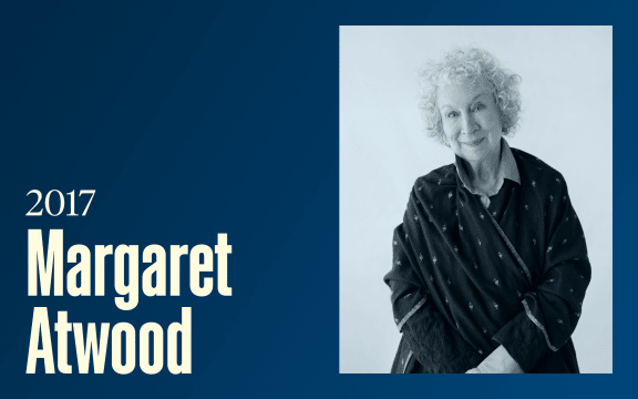 A smiling older woman (Margaret Atwood), text reads "2017, Margaret Atwood"