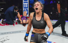 NEW YORK CITY, NY - AUGUST 23: Michelle Montague celebrates after defeating Abigail Montes during PFL 2023 week 9 at The Theater at Madison Square Garden on August 23, 2023 in New York City. (Photo by Cooper Neill/Getty Images)