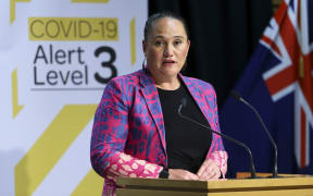 WELLINGTON, NEW ZEALAND - APRIL 28: Carmel Sepuloni speaks to media during a press conference at Parliament on April 28, 2020 in Wellington, New Zealand.