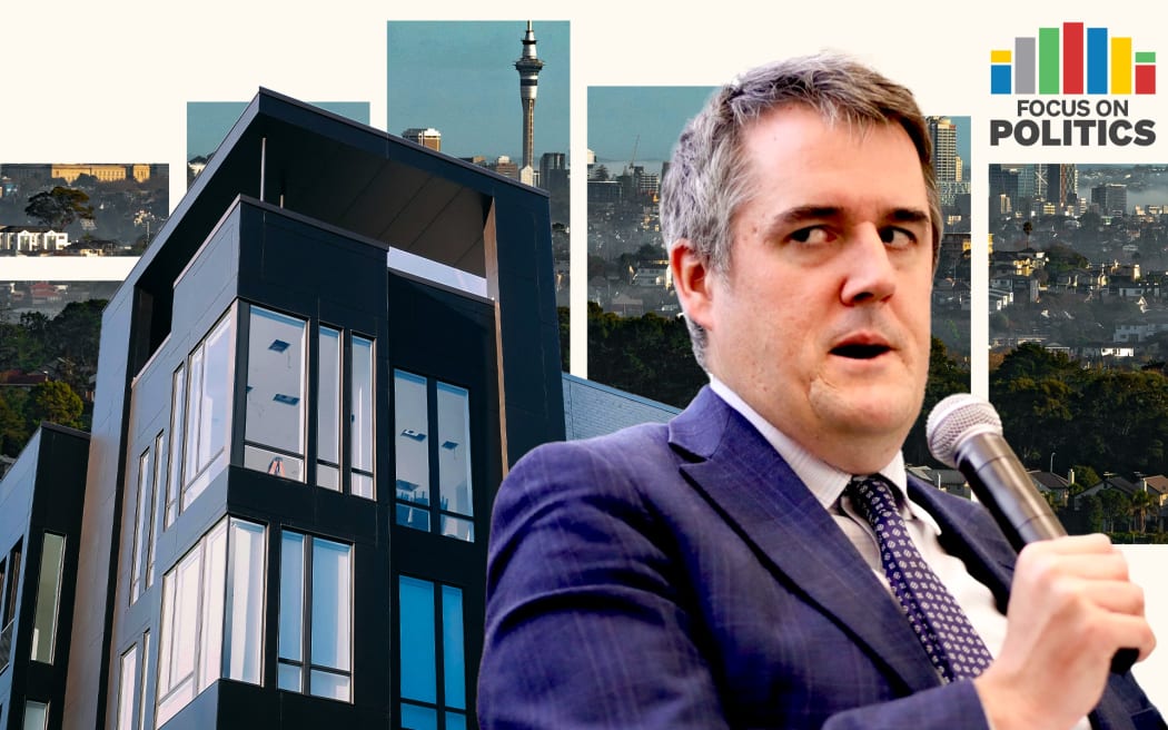 Focus on Politics: Composite of Chris Bishop with apartment building and Auckland skyline.