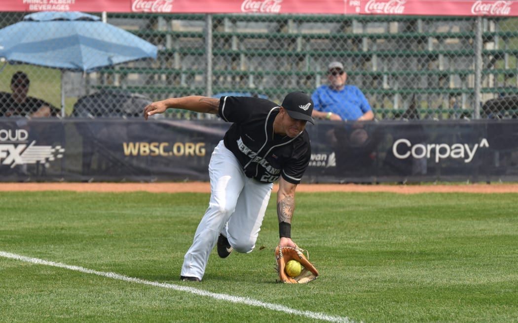 The New Zealand Black Sox competing at the WBSC Mens Softball World Cup 2025 in Prince Albert, Canada.